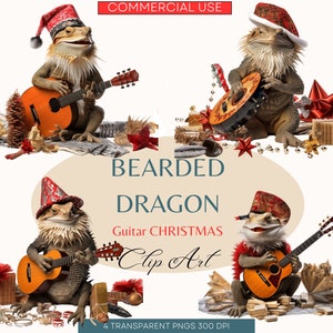 Bearded Dragon Guitar Christmas Clipart: Transparent PNGs (Commercial Use)