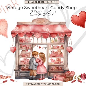 Watercolor Cute Valentines Candy Shop Clipart, 25 PNG Clipart, Pink Valentines Day Bundle, Valentines Candy Heart, Commercial Use