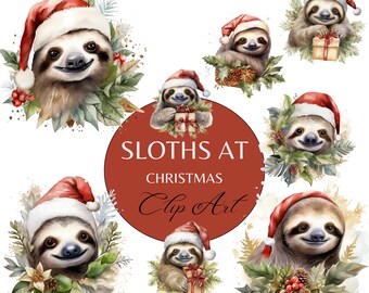 Watercolor SLOTH Christmas Clipart, Commercial Use, Transparent PNGs, Cute Animal, Christmas Party Invitation, Clip Art