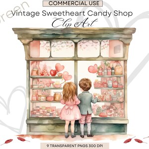 Watercolor Cute Valentines Candy Shop Clipart, 9 PNG Clipart, Green Valentines Day Bundle, Valentines Candy Heart, Commercial Use