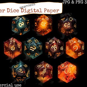 May include: A digital paper design featuring a collection of gamer dice. The dice are in various colors, including orange, green, and brown, with glowing numbers. The text "Gamer Dice Digital Paper" is at the top.