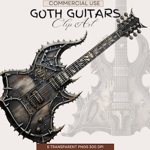 Elektrische gitaar | Gitaarillustraties | Heavy metal-fantasie-instrument | Gotische gitaarclipart | Gothic-clipart | Gitaarpng | Commercieel gebruik