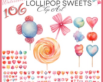 Watercolor Lollipop Clipart: Valentine's Candy Graphics (Commercial Use)
