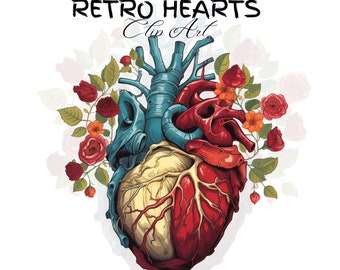 Floral anatomische hart clipart: retro medische png (commercieel gebruik)