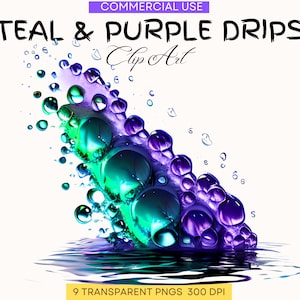 Gocce PNG / Gocce PNG / Download digitale istantaneo / Gocce d'acqua / Viola e verde acqua / Uso commerciale / Goccia d'acqua / Goccia d'acqua realistica
