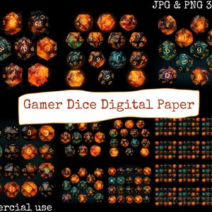May include: Digital paper featuring various sets of glowing, multi-sided dice in shades of orange, teal, and brown. The dice are arranged in multiple groups, with the text "Gamer Dice Digital Paper" and "commercial use" displayed.