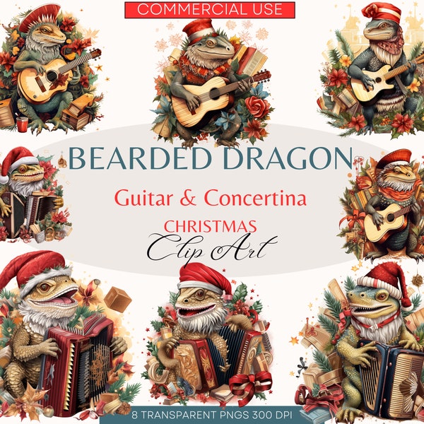 BEARDED DRAGON Concertina Guitar Christmas Clipart, Commercial Use, Transparent PNGs, Cute Animal, Christmas Party Invitation, Clip Art