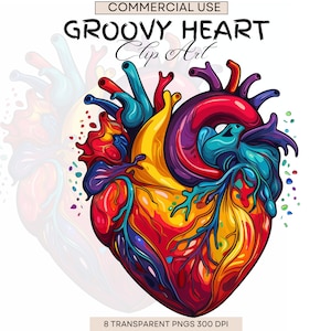 May include: A colorful, abstract illustration of a human heart. The heart is painted in shades of red, orange, yellow, green, blue, and purple. The image is a digital illustration and is suitable for use in graphic design projects.