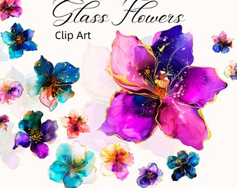 Glass Flower Clipart: Watercolor Floral Graphics (Commercial Use)
