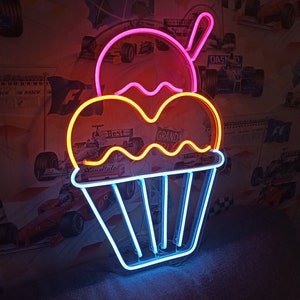 Eiscreme Neonschild, Neonschild Eistüte mit Luftballons, Eistüte Neonschild, Neonschild Dessert, Eiscreme Neonlicht