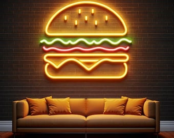 ハンバーガーのネオンサイン、ネオンバーガーサイン、ネオンハンバーガーライト、ネオンバーガーライト、ネオンファーストフードサイン、ネオンフードサイン、ネオンレストランサイン