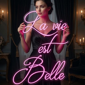 May include: A pink neon sign featuring the cursive text La vie est Belle mounted on a clear acrylic backing. The sign displays the French phrase in a glowing script font, creating a bright light effect against the dark surroundings.