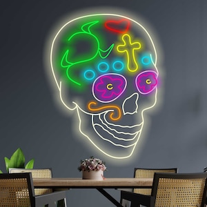 Sugar skull neon sign, Neon sign sugar skull, Neon sign sugar skull, Day of the Dead neon sign, Neon sign Halloween skull, Colorful skull