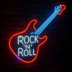 Rock &#39;n&#39; Roll Neon Sign – Electric Guitar LED Wall Light for Music Room, Bar, or Man Cave – Retro Rock Music Decor Gift