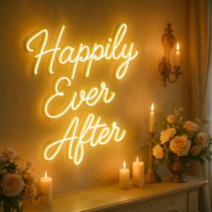 Happily Ever After Neon Sign – Wedding Decor, Romantic LED Light, Fairytale Love Sign, Custom Neon for Bridal Shower or Reception