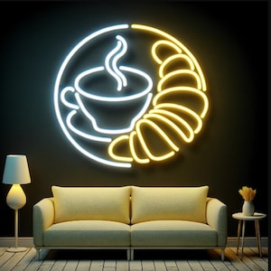 Neon coffee cup and croissant sign, Coffee cup neon sign, Croissant neon sign, Coffee and croissant neon, Neon coffee cup and breakfast sign