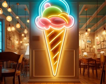 風船付きネオンアイスクリームコーン、アイスクリームネオンサイン、アイスクリームコーンネオンサイン、ネオンデザートサイン、アイスクリームネオンライト