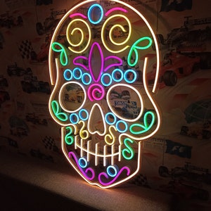 Luz de neón de calavera de azúcar, letrero de neón del Día de los Muertos, letrero de neón con diseño de calavera, neón de calavera de azúcar de colores, decoración de pared con calavera de azúcar LED