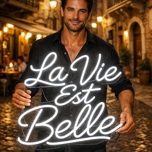 May include: A man holding a white neon sign that reads "La Vie Est Belle". The sign is in a cursive font. The man is wearing a black shirt and black pants. The background is a European street at night.