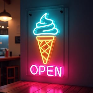 Neonschild Eistüte mit Text offen, Eis geöffnet Neonschild, Eistüte Neonschild, Neonschild Dessert, Eis Neonlicht