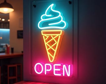 May include: Neon sign featuring an ice cream cone and the word "OPEN" in pink neon. The ice cream is blue and yellow and the cone is yellow.