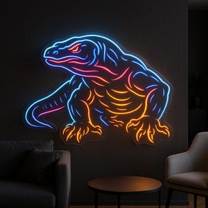 May include: A neon sign in the shape of a Komodo dragon, with blue, pink, and orange lights. The sign is mounted on a dark wall, with a sofa, chair, and table in the foreground. The dragon is in a crouching position.