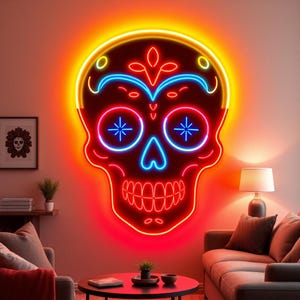 Sugar skull neon light, Day of the Dead neon sign, Neon sign with skull design, Colorful sugar skull neon, LED sugar skull wall decor