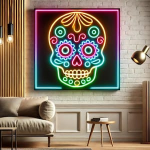 Sugar skull neon light, Day of the Dead neon sign, Neon sign with skull design, Colorful sugar skull neon, LED sugar skull wall decor