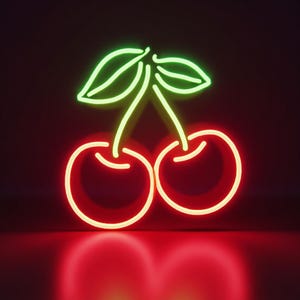 Cherry neon sign, Neon cherry fruit sign, Cherry neon light, Neon cherry berry sign, Neon cherry fruit with leaves sign