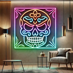 Sugar skull neon light, Day of the Dead neon sign, Neon sign with skull design, Colorful sugar skull neon, LED sugar skull wall decor