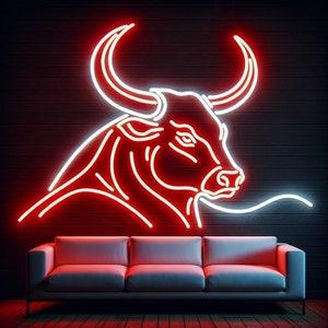 Rodeo neon sign, Bull head neon sign, Cowboy neon light, Western-themed neon art, Distinctive animal head neon sign, Custom bull skull light