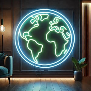 Luz de neón de la Tierra, letrero de neón del planeta Tierra, letrero de neón del globo, letrero LED de la Tierra, letrero de neón del planeta, letrero de neón del mundo, lámpara de neón de la Tierra,
