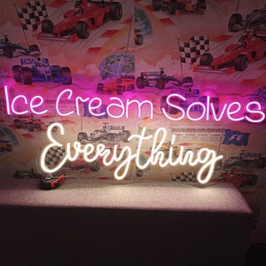 Neonschild „Ice Cream Solves Everything“, Neonschild mit Eistüte, Individuelles Neonschild für Eisdiele, Buntes Eisdielendisplay
