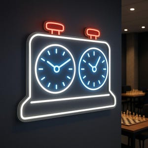 May include: A neon sign depicting a chess clock with two clock faces. The clock faces are blue with white hands and markers, and the outline is white. Two red rectangular shapes are above the clock. The sign is mounted on a dark gray wall.