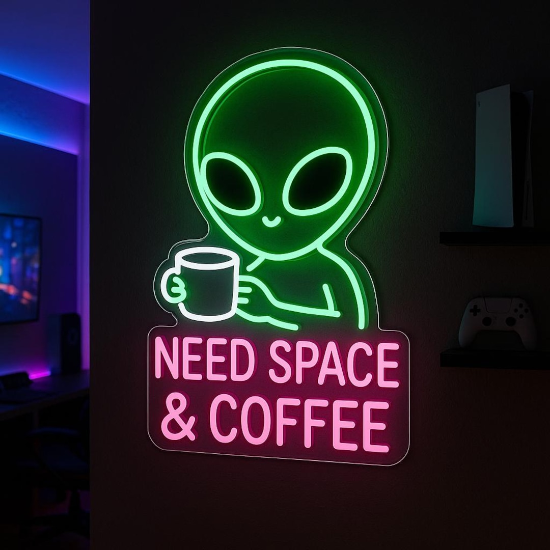 Alien Coffee Neon Sign – “need Space and Coffee” Funny Wall Light for ...