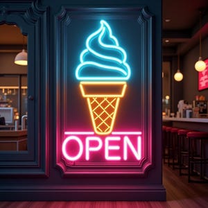 Neonschild Eistüte mit Text offen, Eis geöffnet Neonschild, Eistüte Neonschild, Neonschild Dessert, Eis Neonlicht