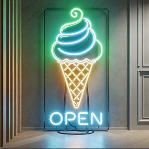 Neonschild Eistüte mit Text offen, Eis geöffnet Neonschild, Eistüte Neonschild, Neonschild Dessert, Eis Neonlicht