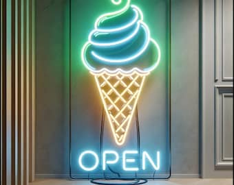 テキストが開いているネオンサインアイスクリームコーン、アイスクリームオープンネオンサイン、アイスクリームコーンネオンサイン、ネオンデザートサイン、アイスクリームネオンライト