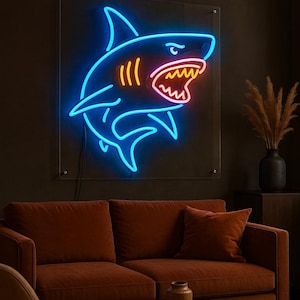 Shark neon sign, Shark-shaped neon sign, Neon shark light, Shark neon display, Neon shark sculpture, Shark neon art, Shark neon decoration