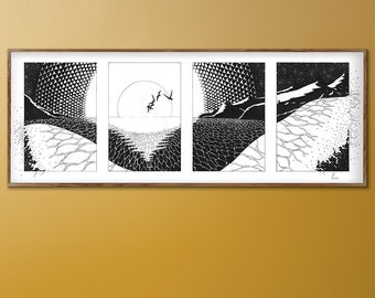 DE GOLF || print in beperkte oplage, giclée print, illustratie, beeldende kunst, inkt op papier, uitzicht op zee, zwart en wit