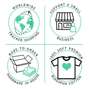 May include: Four circular icons with green borders and white backgrounds. The top left icon shows a globe with a plane flying over it and the text "WORLDWIDE TRACKED SHIPPING". The top right icon shows a storefront with a person standing outside and the text "SUPPORT A SMALL BUSINESS". The bottom left icon shows a box with folded shirts inside and the text "MADE-TO-ORDER HANDMADE IN-HOUSE". The bottom right icon shows a t-shirt with a heart on it and the text "100% SOFT PREMIUM RINGSPUN COTTON".