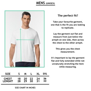 May include: Size chart for a t-shirt in sizes S, M, L, XL, and 2XL. The chart shows chest and length measurements in inches.