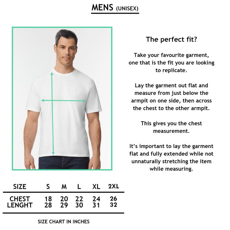 May include: Size chart for a t-shirt in sizes S, M, L, XL, and 2XL. The chart shows chest and length measurements in inches.