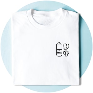 May include: A white short-sleeved t-shirt featuring a small black line art graphic on the left chest. The design consists of a vertical punching bag, a pair of boxing gloves, and a pair of boxing trunks arranged in a simple, clean composition.