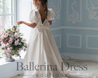 Abito da ragazza di fiori in raso, Abito da ragazza d'avorio, Abito da ragazza di fiori per bambini, Abito da ballo per ragazza, Abito da sposa per bambini, Treno abito da ragazza di fiori, Abito Tutu