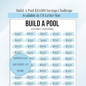 May include: A printable chart with a blue background and white text that says "Build a Pool Savings Challenge". The chart is divided into a grid with 10 rows and 5 columns. Each cell contains a dollar amount, such as $200, $600, $150, $250, $450, $350, $500, $100, $450, $350, $600, $450, $600, $350, $500, $450, $500, $150, $450, $500, $200, $600, $450, $200, $450, $500, $150, $250. The chart is designed to help people save money for a pool.