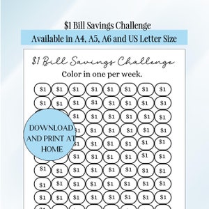 Op de afbeelding: Een printbare $1-spaaruitdagingstabel. De tabel heeft 64 cirkels, elk met een $1 erin. De tekst "Download and Print at Home" staat in een blauwe cirkel linksonder in de tabel.