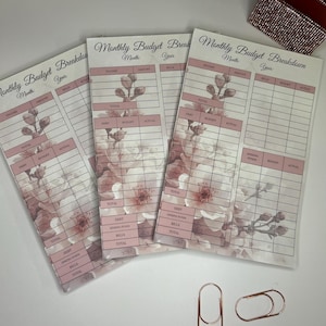 May include: Several floral-themed monthly budget breakdown sheets with a pink and white color scheme. Each sheet has sections for income, bills, debt, and sinking funds. Two rose gold paper clips are at the bottom.