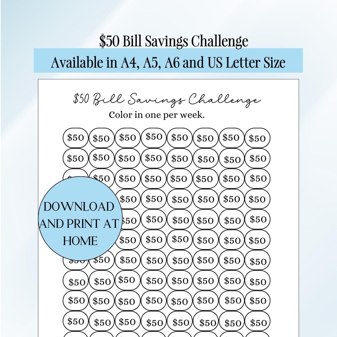 Fifty Dollar Savings Tracker for Finances Simple Savings Challenge for ...