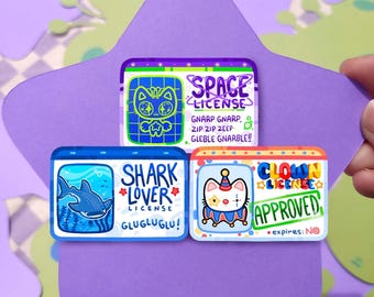 Clown Licence, Space Licence and Shark Lover Silly Waterproof Stickers